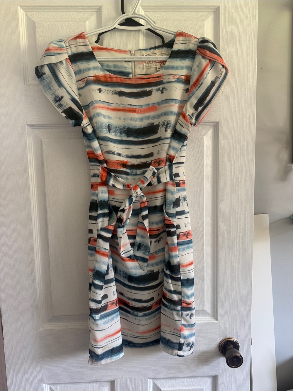 Pink Martini White Brushstroke Midi Dress with Blue & Coral Stripes